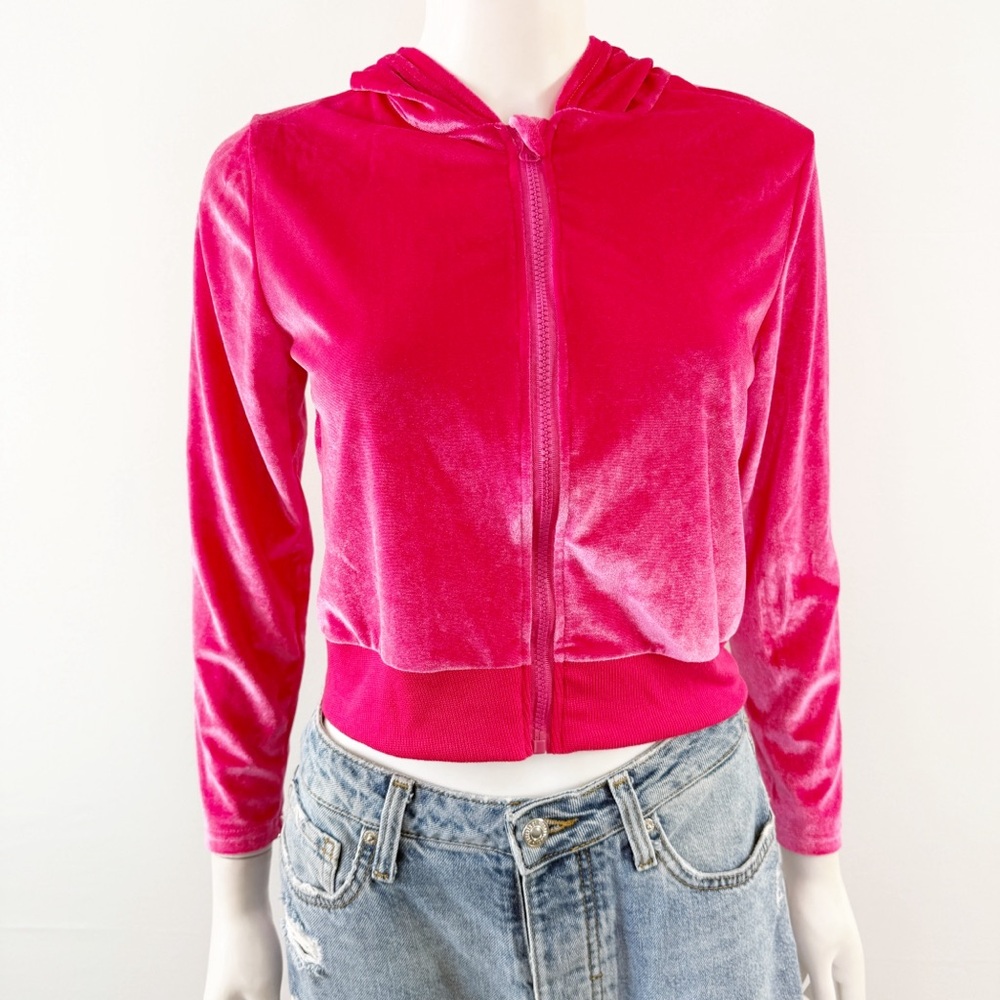 SHEIN Hot Pink Velour Zip Up Hoodie Size 12-13Y Angel Embroidery on Back Y2K 90s
